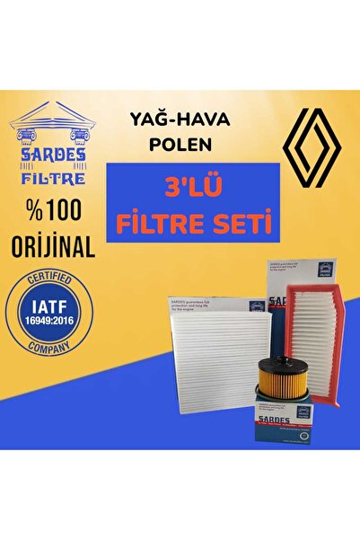 Sardes Renault Clio 4 (2011-2019) 0,9 Tce Benzin 66kw 90hp Yağ Hava Polen Filtre Bakım Seti