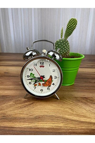 KonforA Nostaljik Horozlu Kurmalı Çalar Saat Gümüş Renk Glrshop