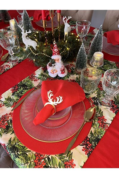 Genel Markalar Yılbaşı Kokina Çiçeği Desen Runner Kırmızı Yeşil Noel Yeniyıl Sofrası Christmas Ranır Örtü Newyear