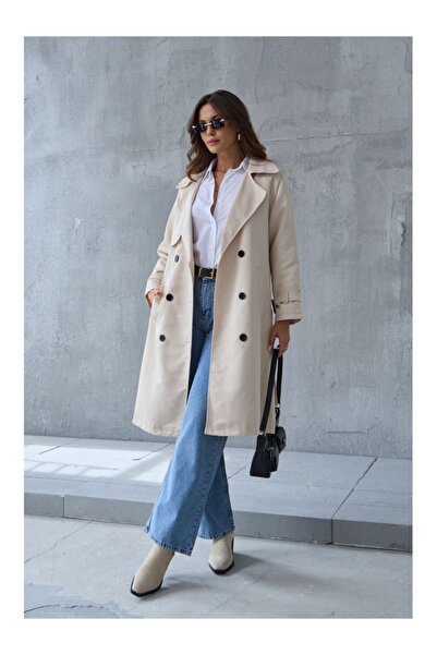 Elif Özbey Butik Taş Kemer Detaylı Kruvaze Trenç