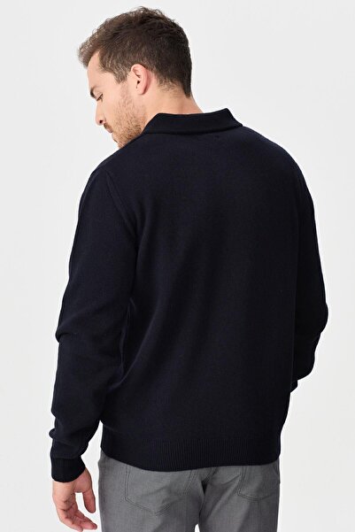 Desen Triko Men's Polo Collar Classic Wool Sweater Y.A Navy Blue