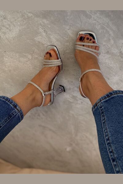 BZC AYAKKABI Stříbrné dámské průhledné boty na podpatku se spirálou Stone Banded