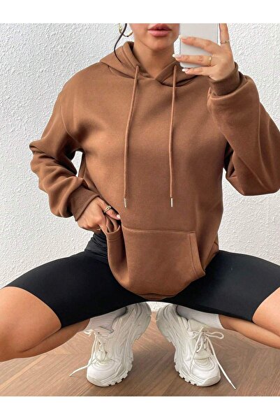 coolart Καφέ Oversize Χειμερινό Φούτερ - Κουκούλα με Τσέπες Şardonlu