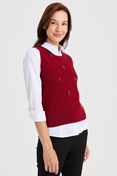 Desen Triko Women's Zero Collar Front Checkered Links Wool Sweater V.Red