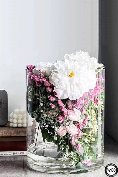 Paşabahçe 40 cm Width 19 cm Perforated Handmade - Aquarium Handcrafted Cylinder Vase Glass Ps1940 Thick Base