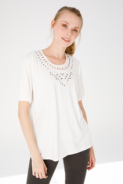 Desen Triko Women's Crew Neck Short Sleeve Stone Printed Combed Cotton Blouse Bone