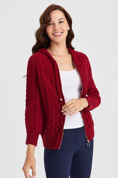 Desen Triko Women's Hooded Hair Walking Braided Wool Cardigan V.Red