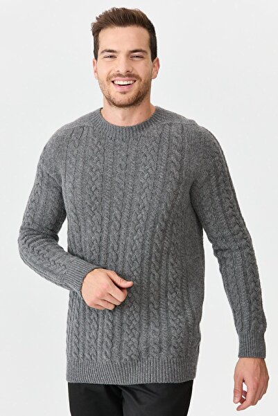 Desen Triko Чоловічий светр з круглим вирізом, плетеним візерунком і вовняним коміром, колір димчастий