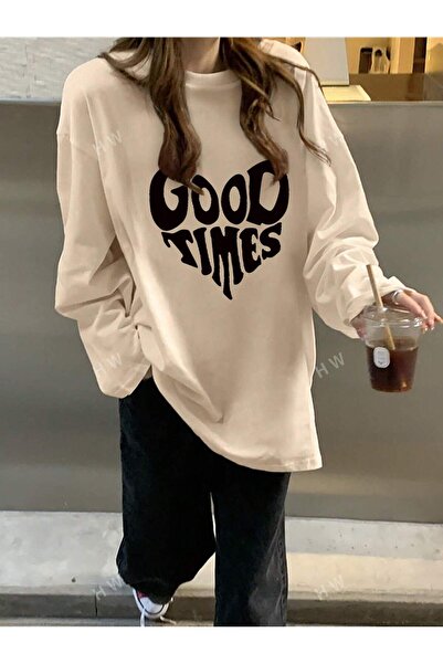 SeusCraft Good Times Oversize Χειμερινό Φούτερ - Μπεζ με στάμπα, Λαιμόκοψη Crew