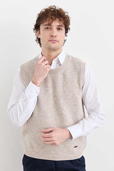 Desen Triko Men's Crew Neck Classic Wool Sweater V. Beige
