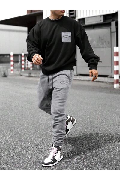 SeusCraft California Cep Sweatshirt  Jogger - Siyah Gri Baskılı Alt Üst Eşofm...