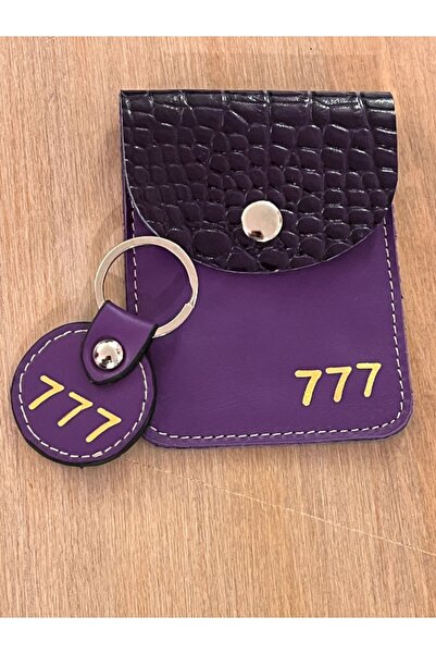 Pinkylola SET : 777 ANAHTARLIK VE DİKTEİ Model Mor hakiki deri KREDİ KARTLIK ...