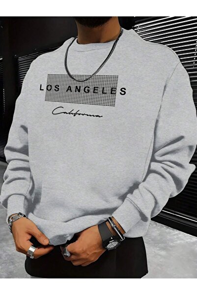 SeusCraft Los Angeles Nokta Kalın Kışlık Sweatshirt - Gri  Baskılı Oversize Ş...