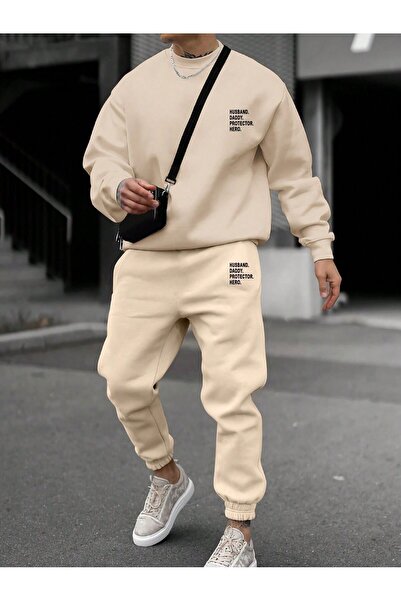 SeusCraft Protector Hero  Sweatshirt  Jogger - Bej Baskılı Alt Üst Eşofman Ta...