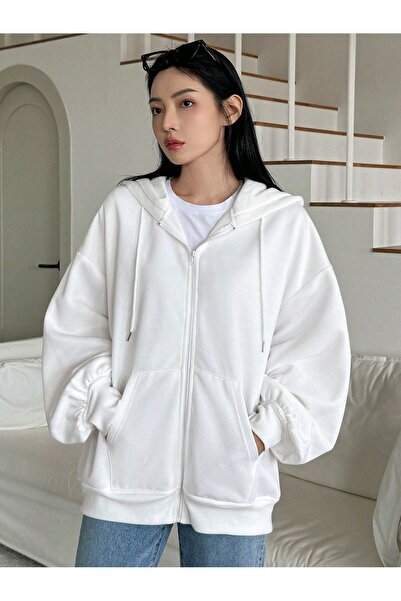 SeusCraft Baskısız Fermuarlı Kışlık Hırka - Beyaz Oversize Şardonlu Kapüşonlu