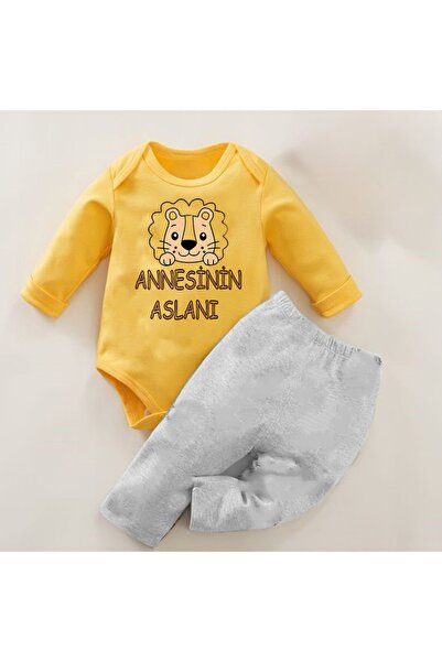 bebekpare 2-Piece Yellow-Grey Baby Bodysuit Set - 100% Cotton Lion