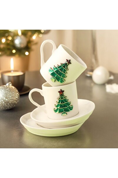 İlbay Çini Takı Pine Tree Patterned Porcelain Turkish Coffee Cup - Set of Two