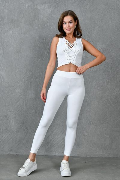 bayansepeti Flexible White Undershirt and Leggings Double Sports Set - Lacing Detail, Sleeveless 069