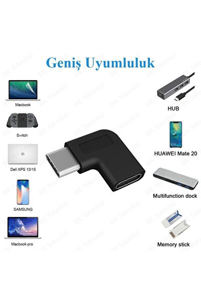 BK Teknoloji 90 Derece L Tip Sağ ve Sol Açılı USB C Type-C Erkek - Dişi Adaptör