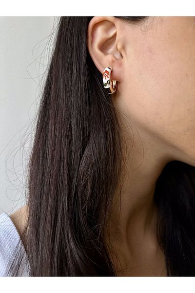 CanElif Accessories Elegant Vintage Style Flower Motif Enamel Hoop Earrings (COLOR ATMAS / NOT DARKEN)