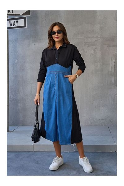 Elif Özbey Butik Μαύρο Jean Φόρεμα με γιακά πουκαμίσου