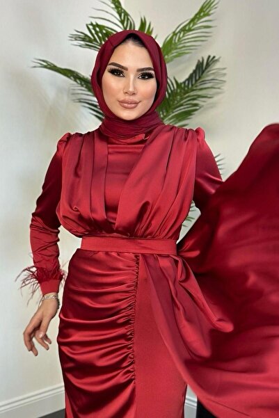 Şule Giyim Kuyruk Detaylı Saten Abiye Bordo
