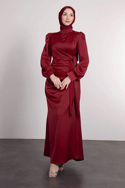 Suedcollection Satin Evening Dresses with Side Tie and Pleat Detail