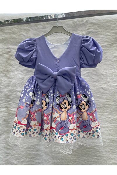 Sare Çocuk Giyim Lila Minnie Mouse Desenli Kız Çocuk Balon Kol Doğum Günü Prenses Elbise