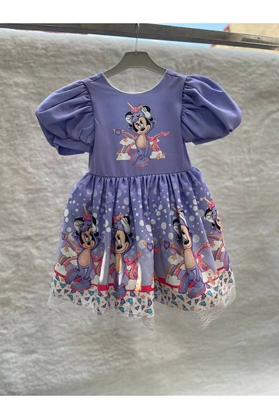 Sare Çocuk Giyim Lilac Minnie Mouse Print Girls Balloon Sleeve Birthday Princess Dress