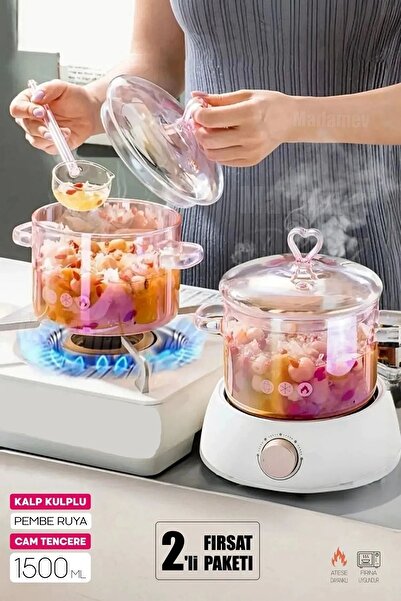 Fatmazel 2li Pembe Kalp Figürlü Cam Tencere Isıya Dayanıklı Borosilikat Termi...