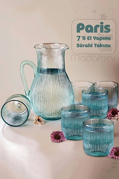 Genel Markalar 7 Parça El Üretimi Sürahi Takımı Su Yeşili Çizgili Cam Sürahi ...