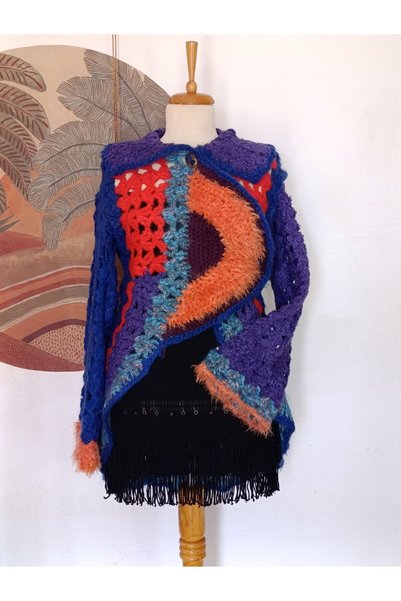 Hippybutik El Örgüsü Çok Renkli Mor Geometrik Özel Tasarım El Örgüsü Angora H...