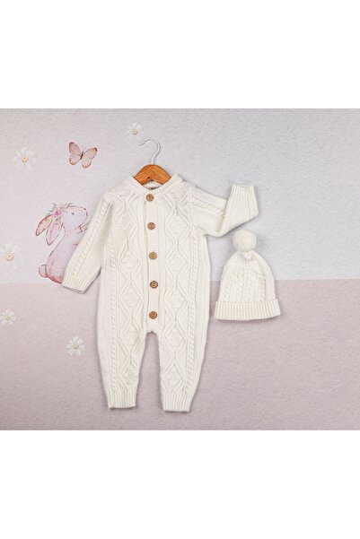 wofım kıds 3-18 Ay Unisex Triko Şapkalı Natural Tulum