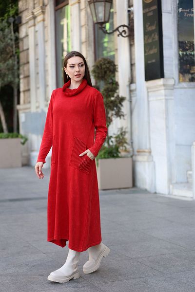 AYASOFYA OTANTIK Rochie roșie din tricotaje pentru femei - bumbac învechit, cu guler șal și detaliu de buzunar