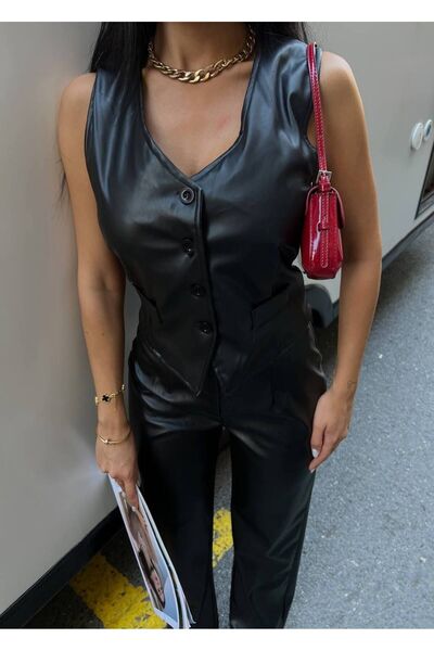 LB Laluna Butik Vestă pentru costum de piele pentru damă și pantaloni cu tăietură lejeră cu picior tub