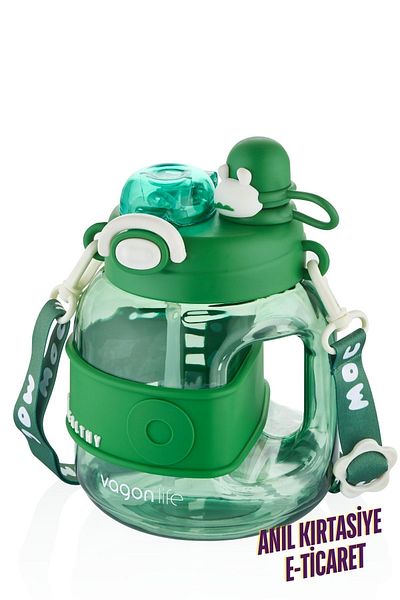 Vagonlife 1000 ml Comfortable Children's Water Bottle with Neck Strap and Straw - Single Lid Dual Use