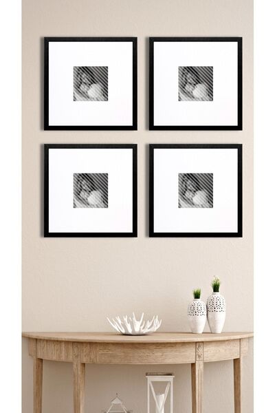 Tuğra Sanat Galerisi طقم إطارات صور مكون من 4 قطع - 37x37 سم، مقاس داخلي 15x15، زجاج أسود وأبيض