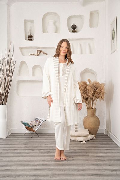 CT MODA طقم بيجامة للحوامل والحوامل بلون إكرو - محبوك على شكل قرص العسل، دانتيل، قطن شتوي