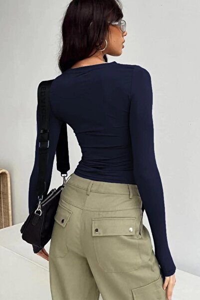 Devinka Жіноча темно-синя блуза з велосипедним коміром, еластична тканина, довгі рукави