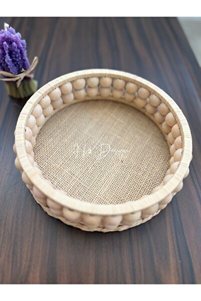 H2 Design Double Layer Wooden Beaded Natural Raffia Tray 19 cm