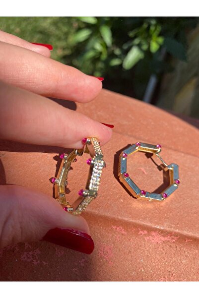 Niceboutique Pembe Taşlı Halka Çelik Serenay Küpe