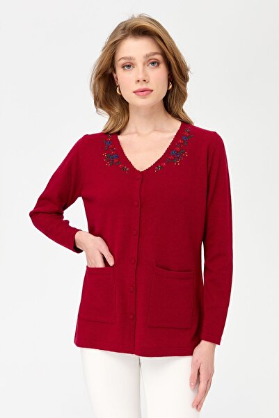 Desen Triko Women's V-Neck Lace Embroidered Wool Cardigan