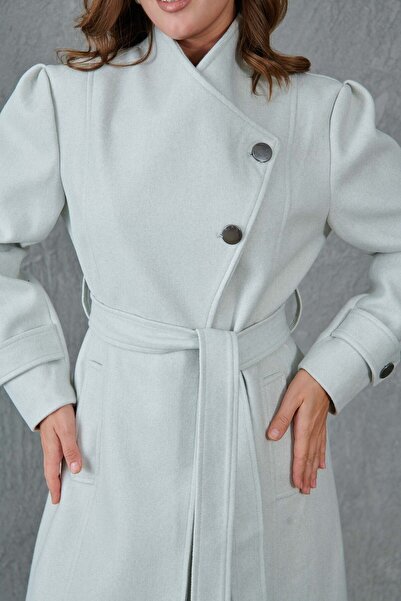 vuvutasarım Stone Color Lined Stamp Coat - Long Sleeve, Double Breasted Collar and Button Closure Belt Detail 9003