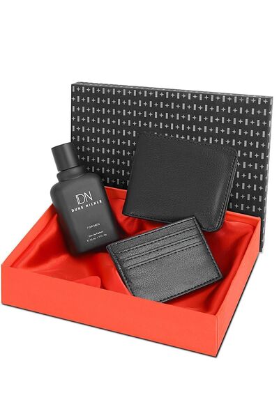 Duke Nickle Erkek Siyah Vegan Deri Klasik Cüzdan & Kartlık Parfümlü Hediye Seti – Kutulu Şık Ve Ferah Hediye