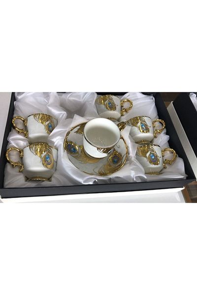 Kosova White Feather Pattern Footed Turkish Coffee Cup for 6 People