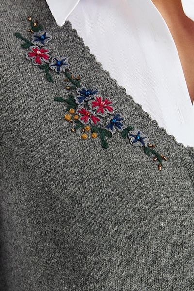 Desen Triko Women's V-Neck Lace Embroidered Wool Vest Smoked