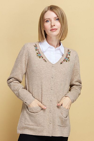 Desen Triko Cardigan de damă cu decolteu în V din lână brodat din dantelă bej închis
