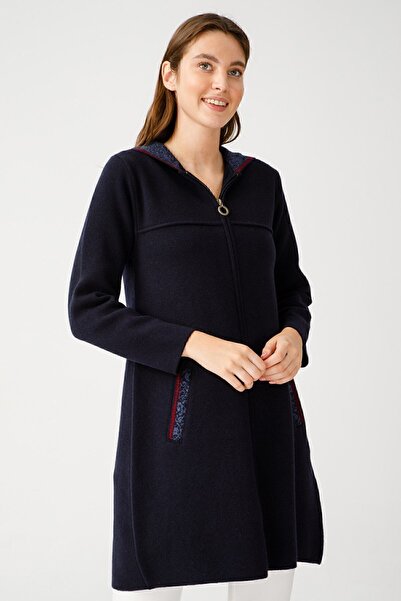 Desen Triko Women's Hooded Wool Coat 21156 Dark Navy Blue