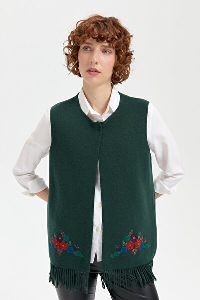 Desen Triko Зелений вовняний жилет - з круглим коміром і обробленим низом