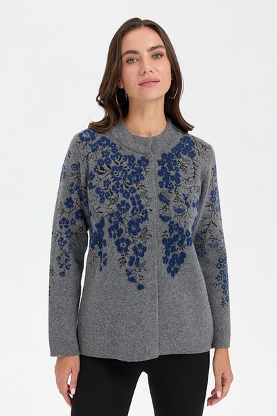 Desen Triko Smoke Colored Women's Woolen Jacket - Stand Collar and Puppy Flower Pattern